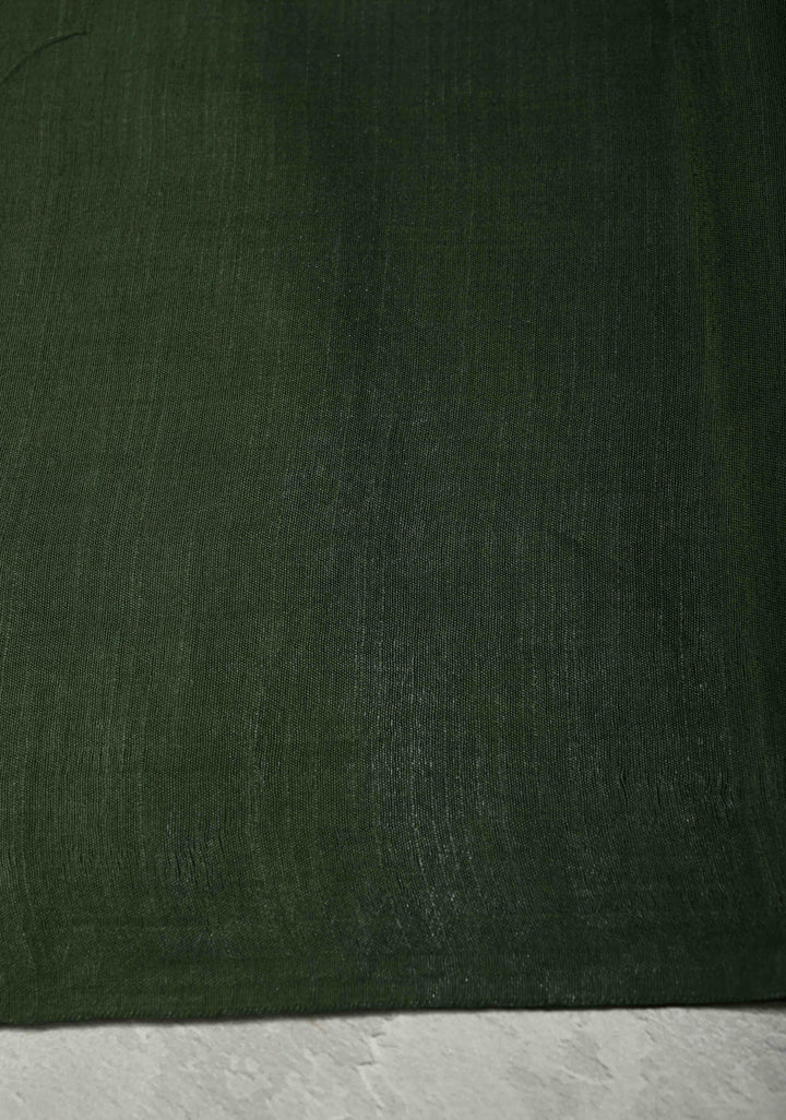 Forest Green Borderless Semi Tussar Saree with Zari Polka Dots and Thread Stripes | SHOBITAM