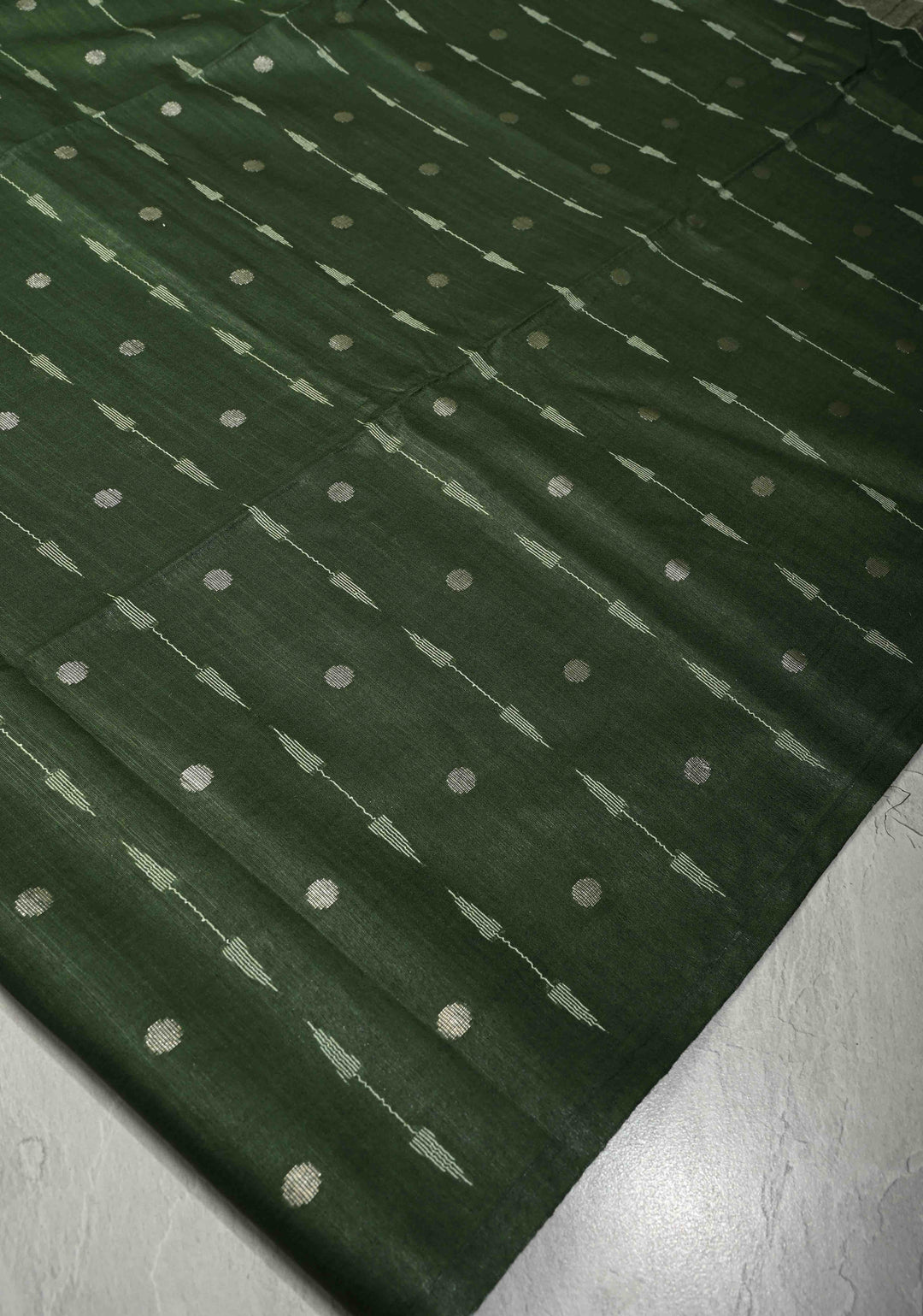 Forest Green Borderless Semi Tussar Saree with Zari Polka Dots and Thread Stripes | SHOBITAM