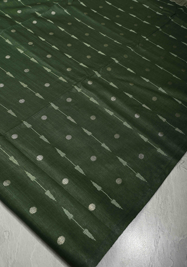 Forest Green Borderless Semi Tussar Saree with Zari Polka Dots and Thread Stripes | SHOBITAM