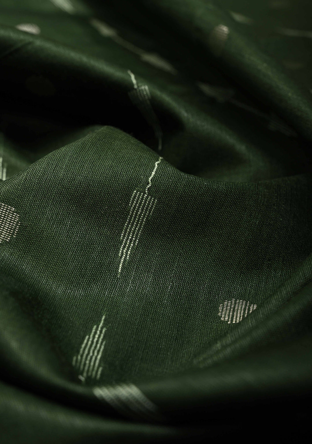 Forest Green Borderless Semi Tussar Saree with Zari Polka Dots and Thread Stripes | SHOBITAM