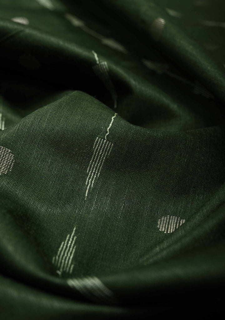 Forest Green Borderless Semi Tussar Saree with Zari Polka Dots and Thread Stripes | SHOBITAM