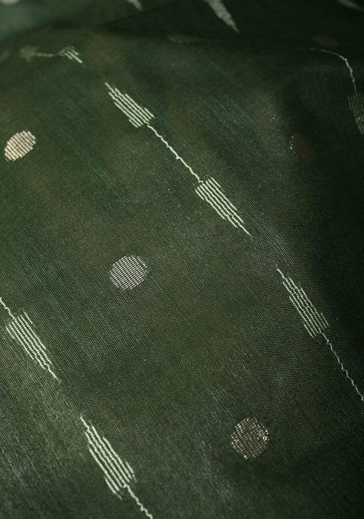 Forest Green Borderless Semi Tussar Saree with Zari Polka Dots and Thread Stripes | SHOBITAM