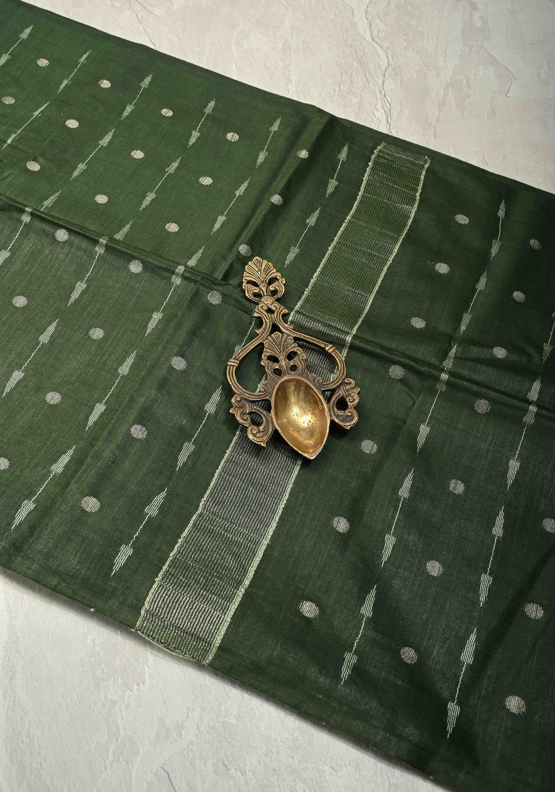 Forest Green Borderless Semi Tussar Saree with Zari Polka Dots and Thread Stripes | SHOBITAM