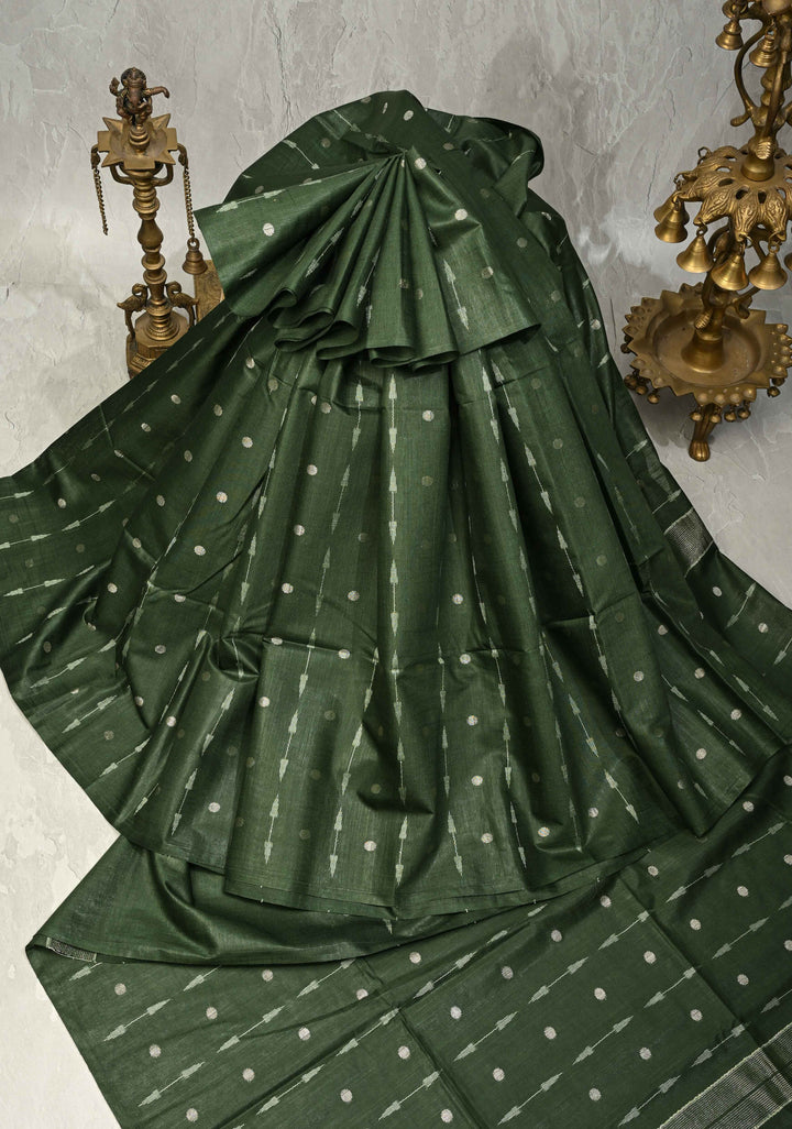 Forest Green Borderless Semi Tussar Saree with Zari Polka Dots and Thread Stripes | SHOBITAM