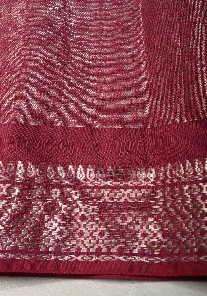 Olive Green Semi Tussar Tissue Saree with Contrast Silver Zari Border