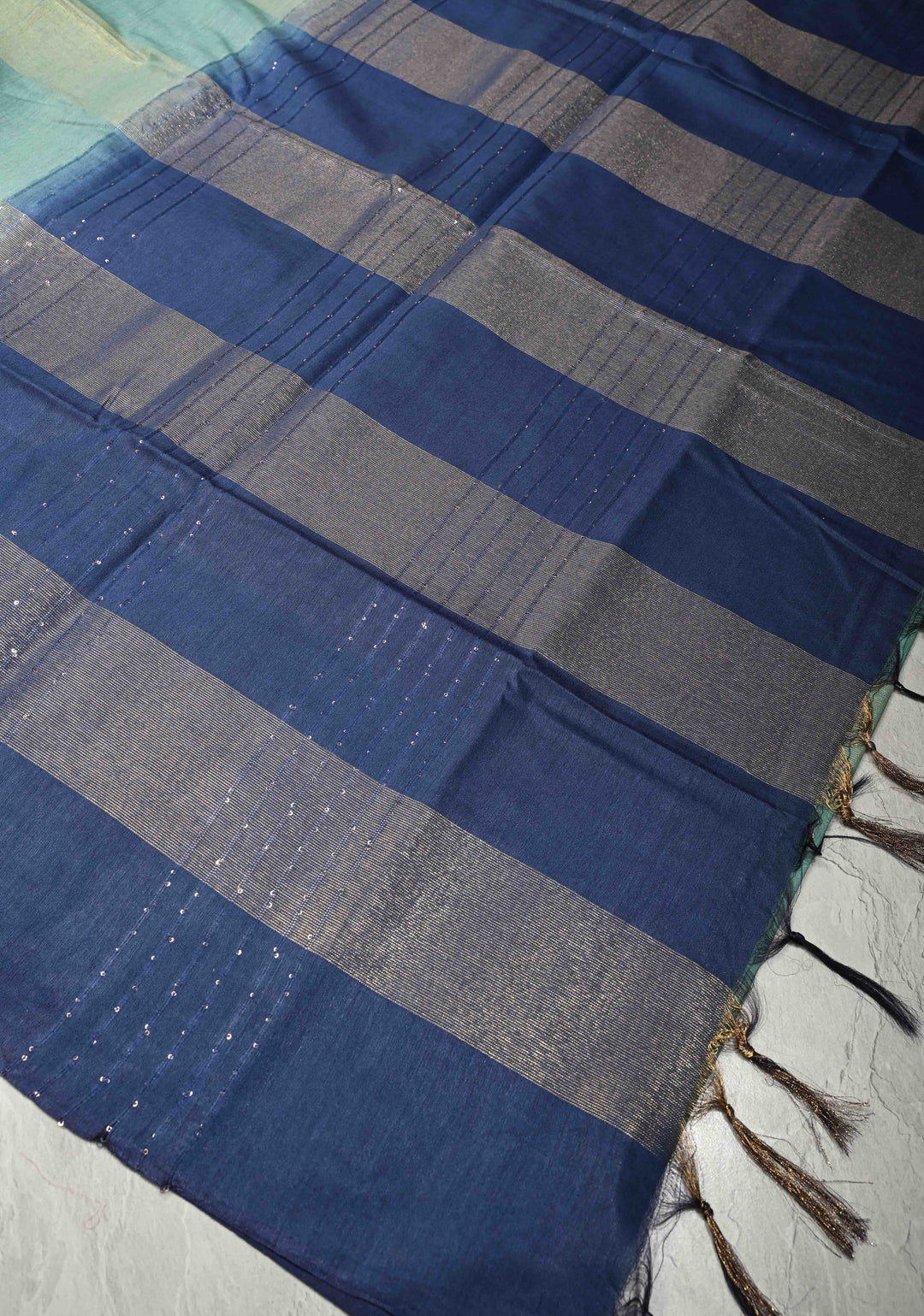 Sage Green Borderless Semi Tussar Saree with Muted Tissue Panel and Contrast Sequins Pallu