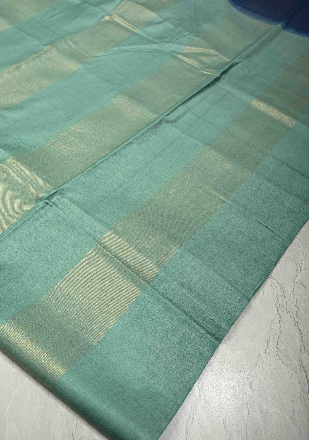 Sage Green Borderless Semi Tussar Saree with Muted Tissue Panel and Contrast Sequins Pallu