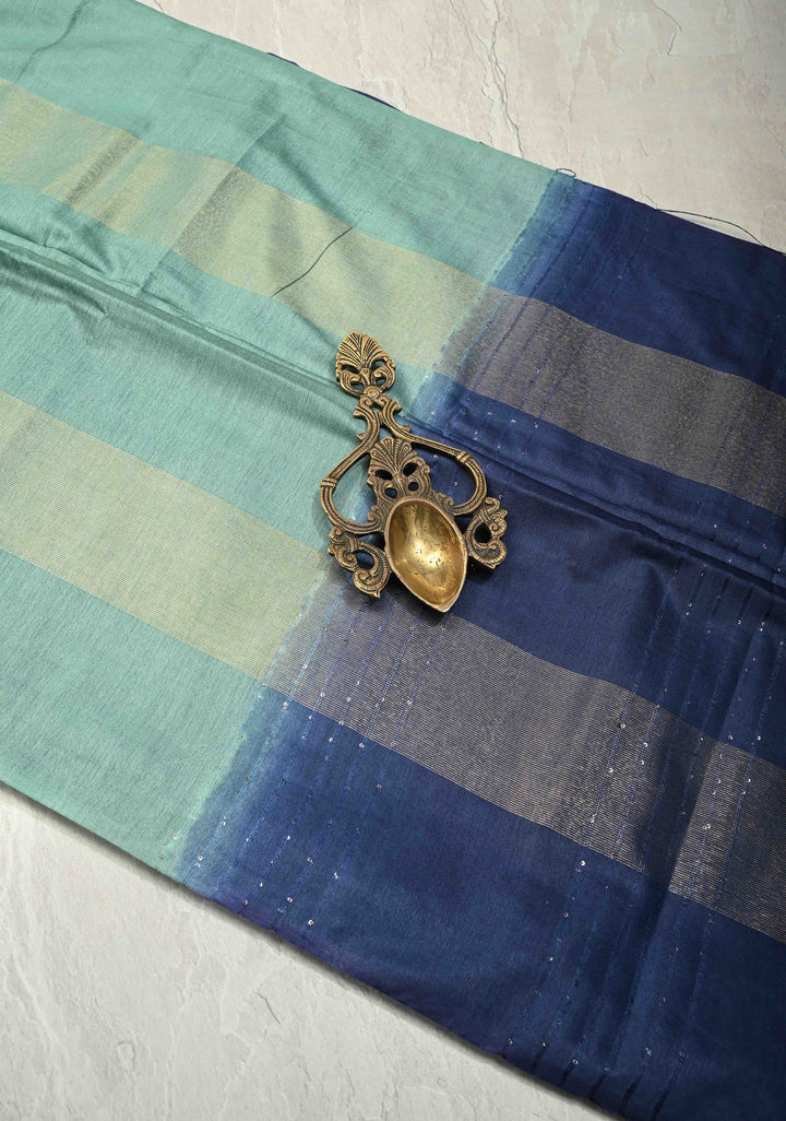 Sage Green Borderless Semi Tussar Saree with Muted Tissue Panel and Contrast Sequins Pallu