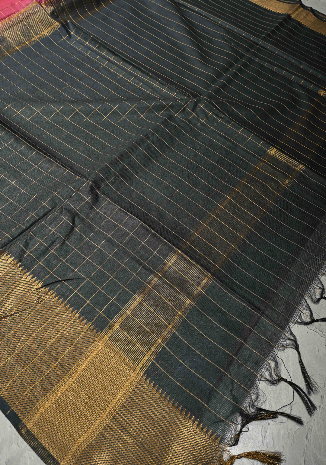 Pink Semi Tussar Saree with Zari Checks and Contrast Zari Border