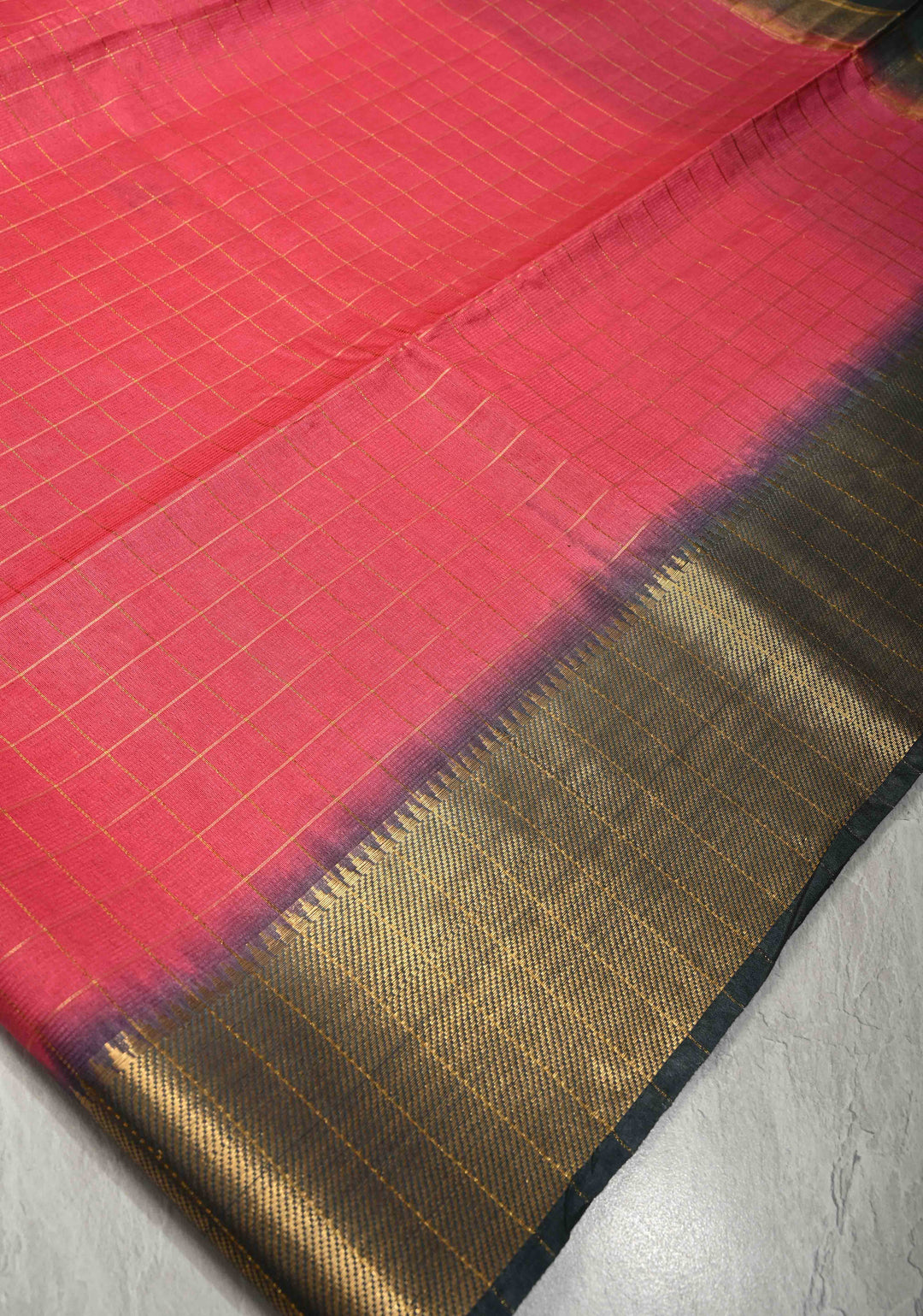 Pink Semi Tussar Saree with Zari Checks and Contrast Zari Border