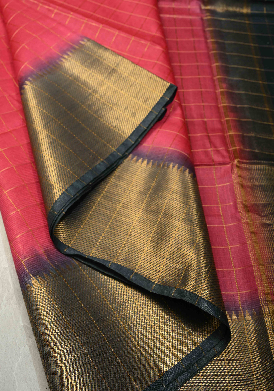 Pink Semi Tussar Saree with Zari Checks and Contrast Zari Border
