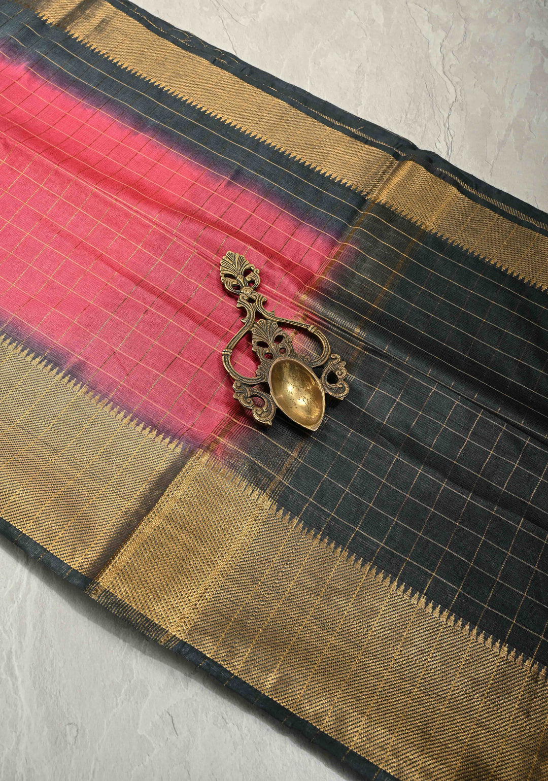Pink Semi Tussar Saree with Zari Checks and Contrast Zari Border