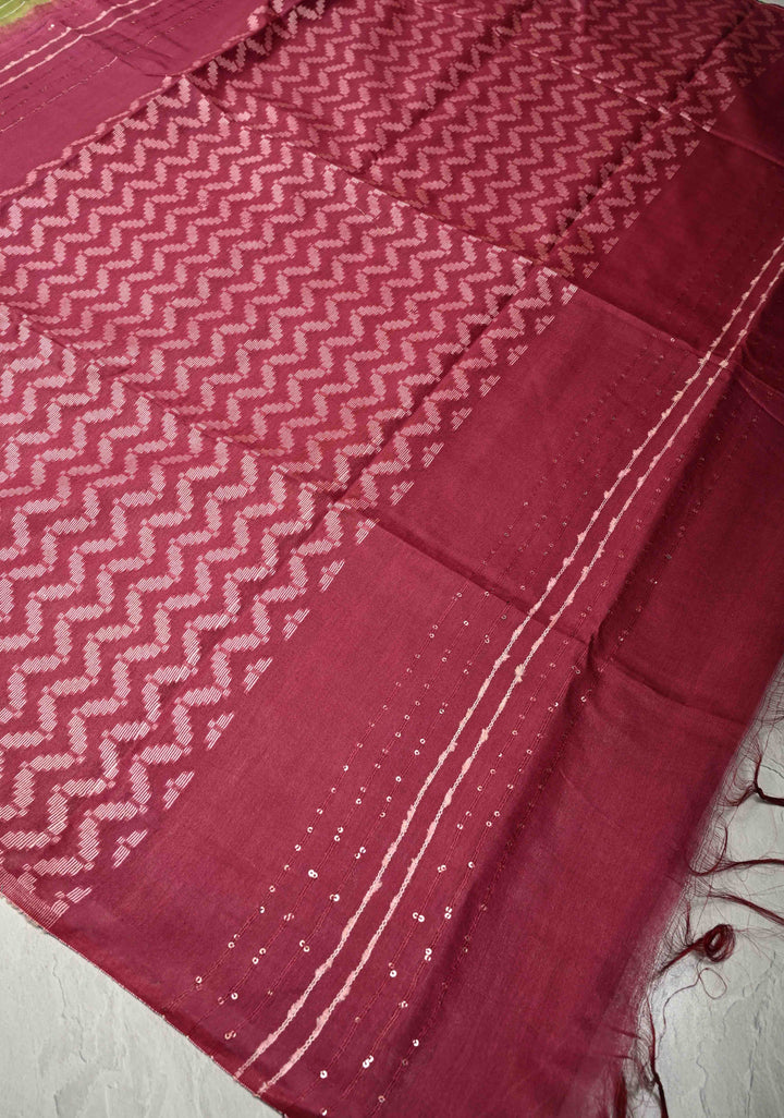 Sap Green Borderless Semi Tussar Saree with Thread Horizontal Stripes and Contrast Sequins Pallu
