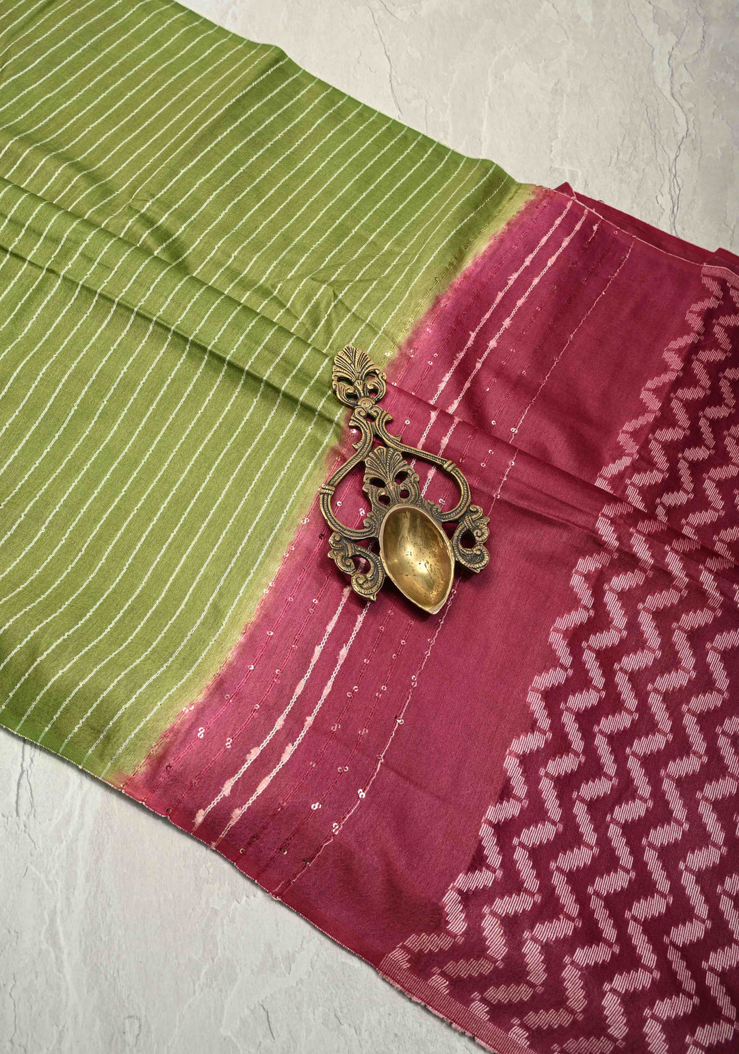 Sap Green Borderless Semi Tussar Saree with Thread Horizontal Stripes and Contrast Sequins Pallu