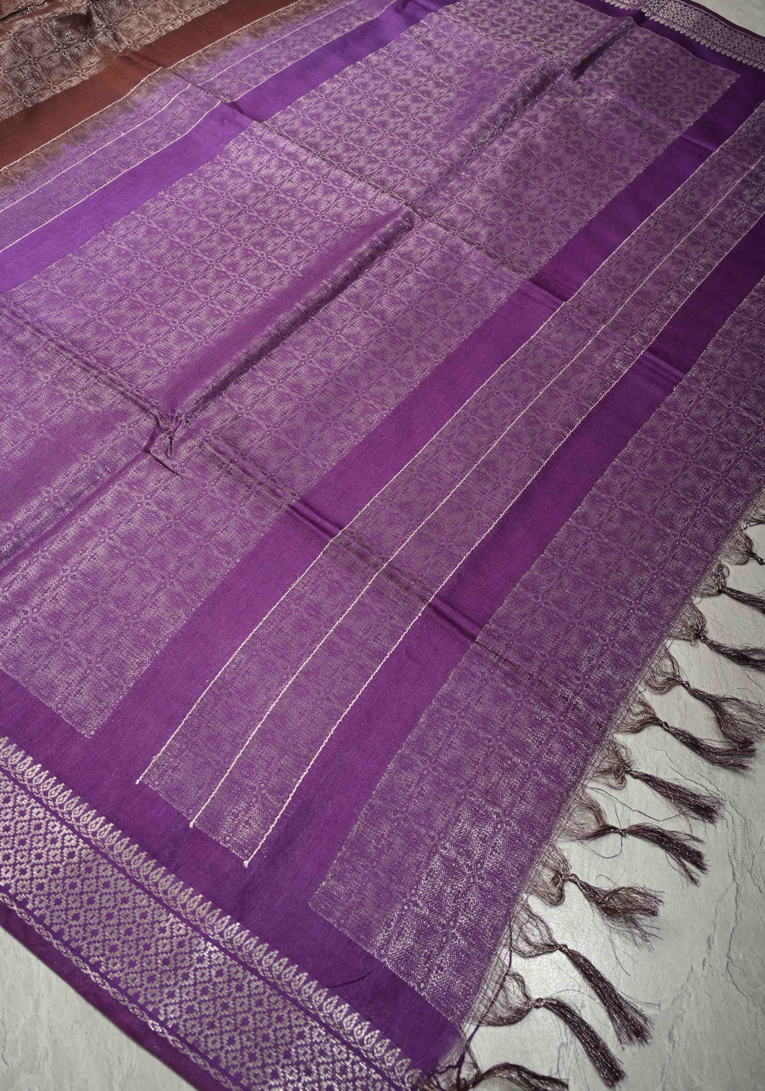 Coffee Brown Semi Tussar Tissue Saree with Contrast Silver Zari Border