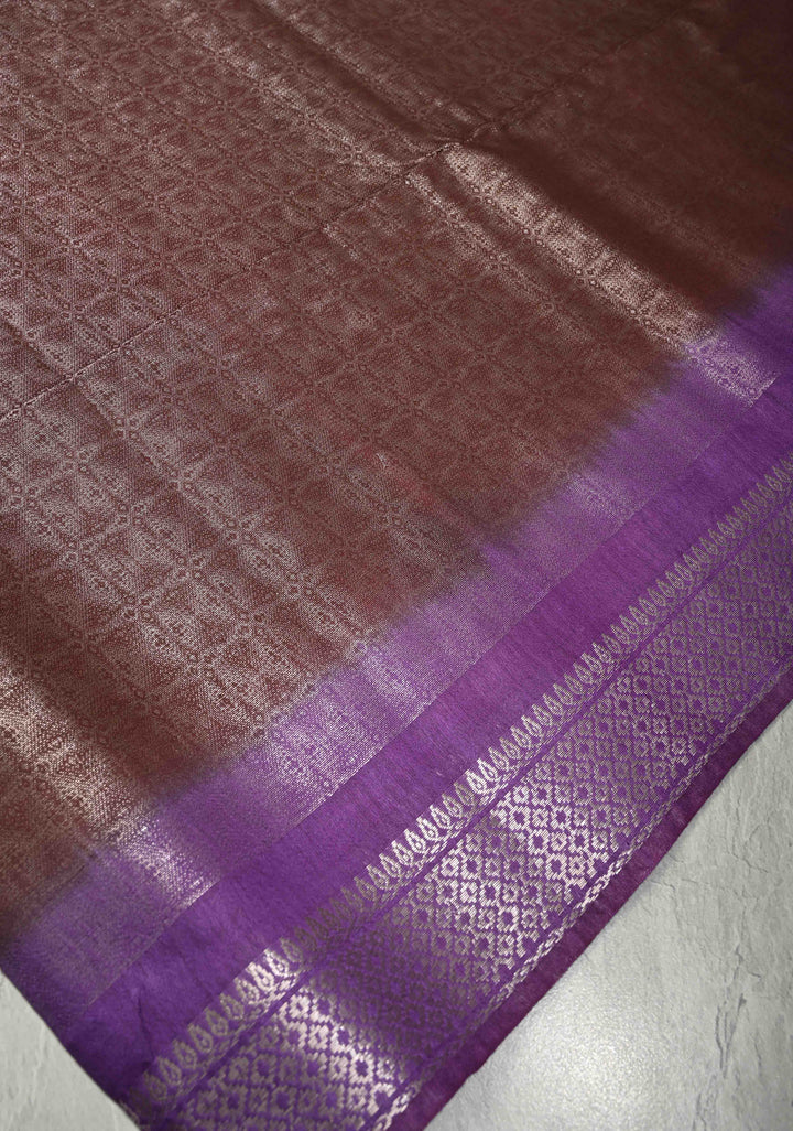 Coffee Brown Semi Tussar Tissue Saree with Contrast Silver Zari Border