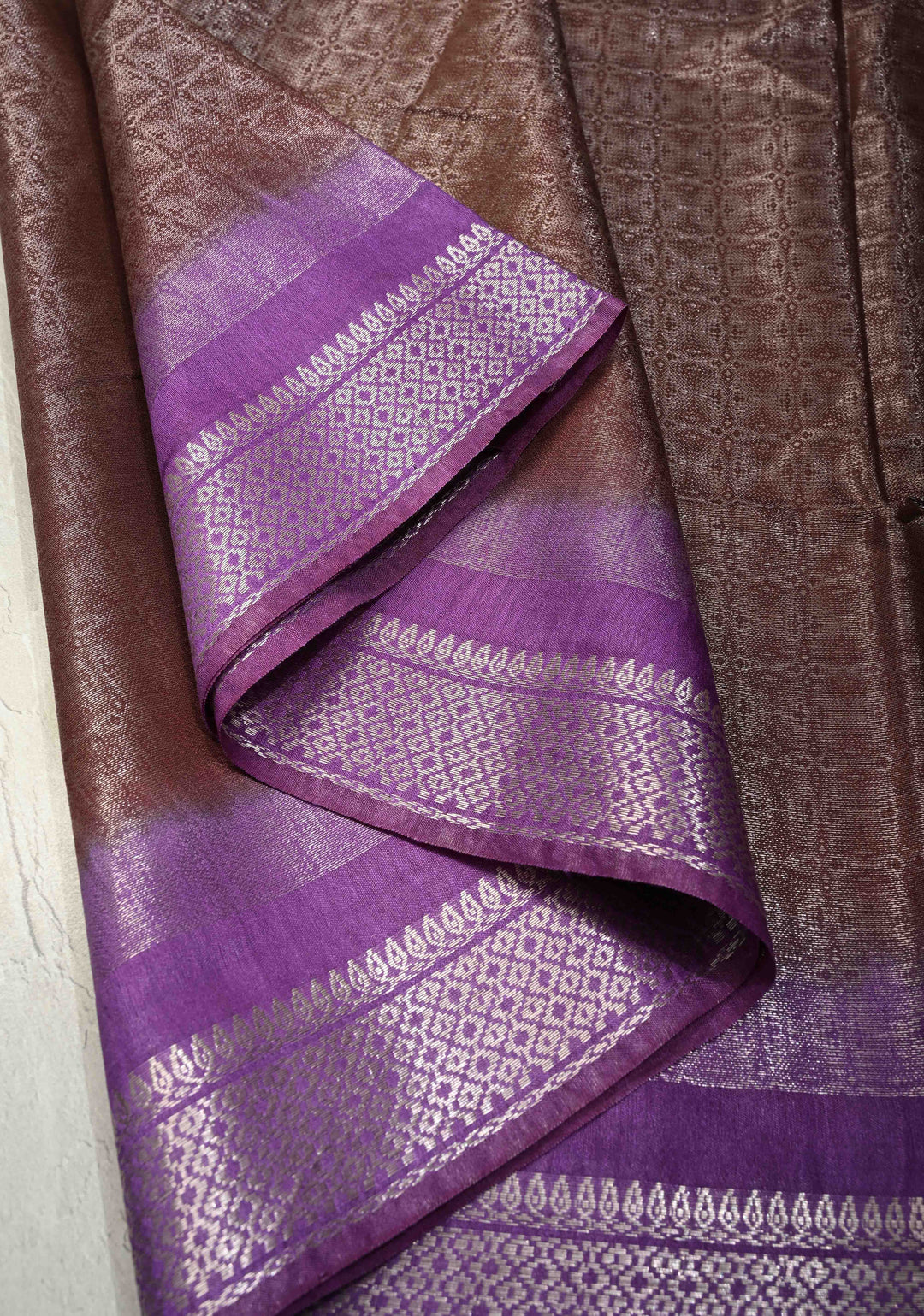 Coffee Brown Semi Tussar Tissue Saree with Contrast Silver Zari Border