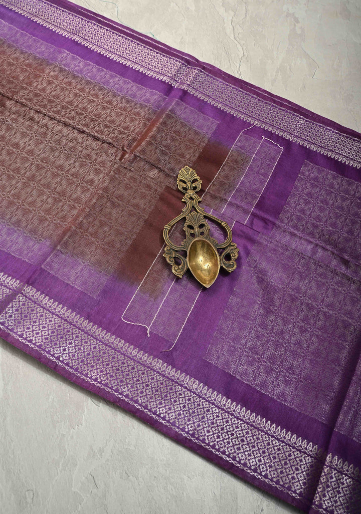 Coffee Brown Semi Tussar Tissue Saree with Contrast Silver Zari Border