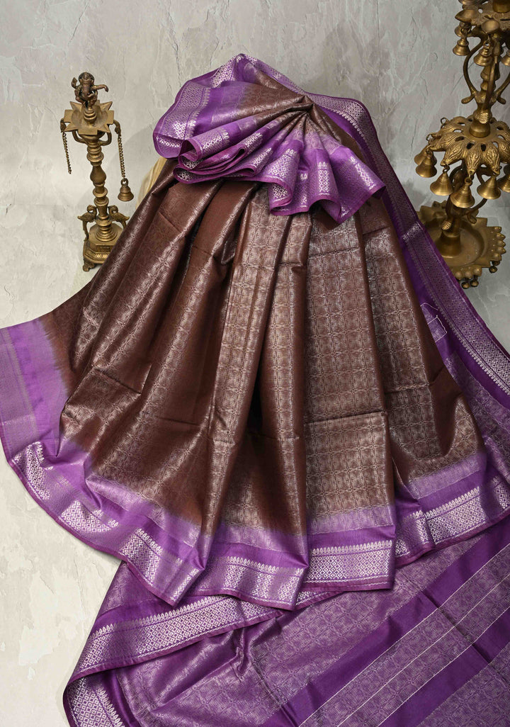 Coffee Brown Semi Tussar Tissue Saree with Contrast Silver Zari Border