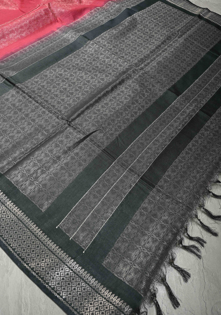 Pink Semi Tussar Tissue Saree with Contrast Zari Border