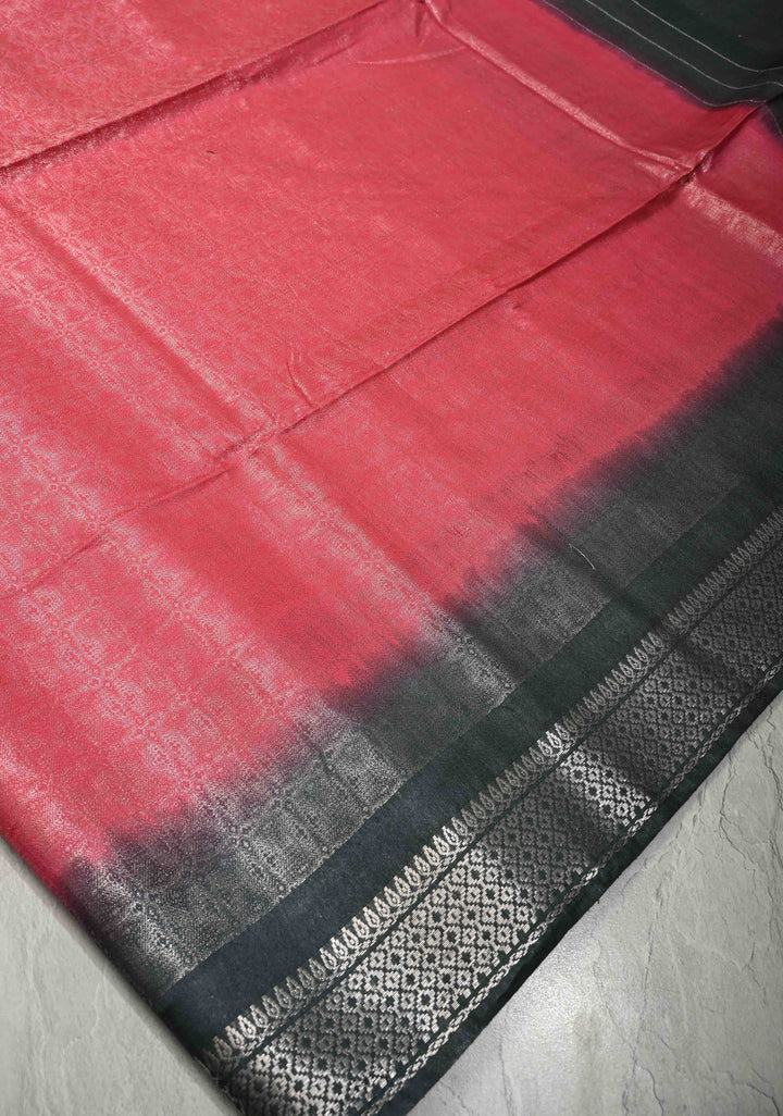 Pink Semi Tussar Tissue Saree with Contrast Zari Border