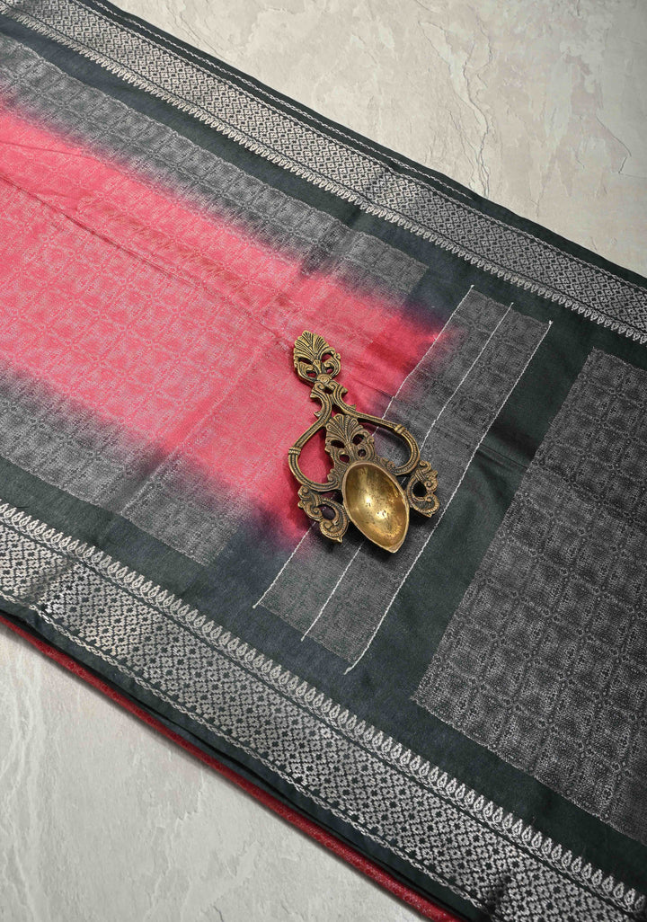 Pink Semi Tussar Tissue Saree with Contrast Zari Border