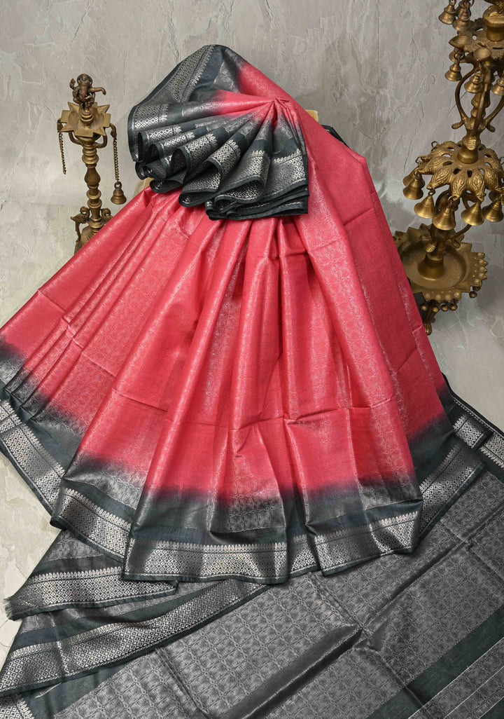 Pink Semi Tussar Tissue Saree with Contrast Zari Border