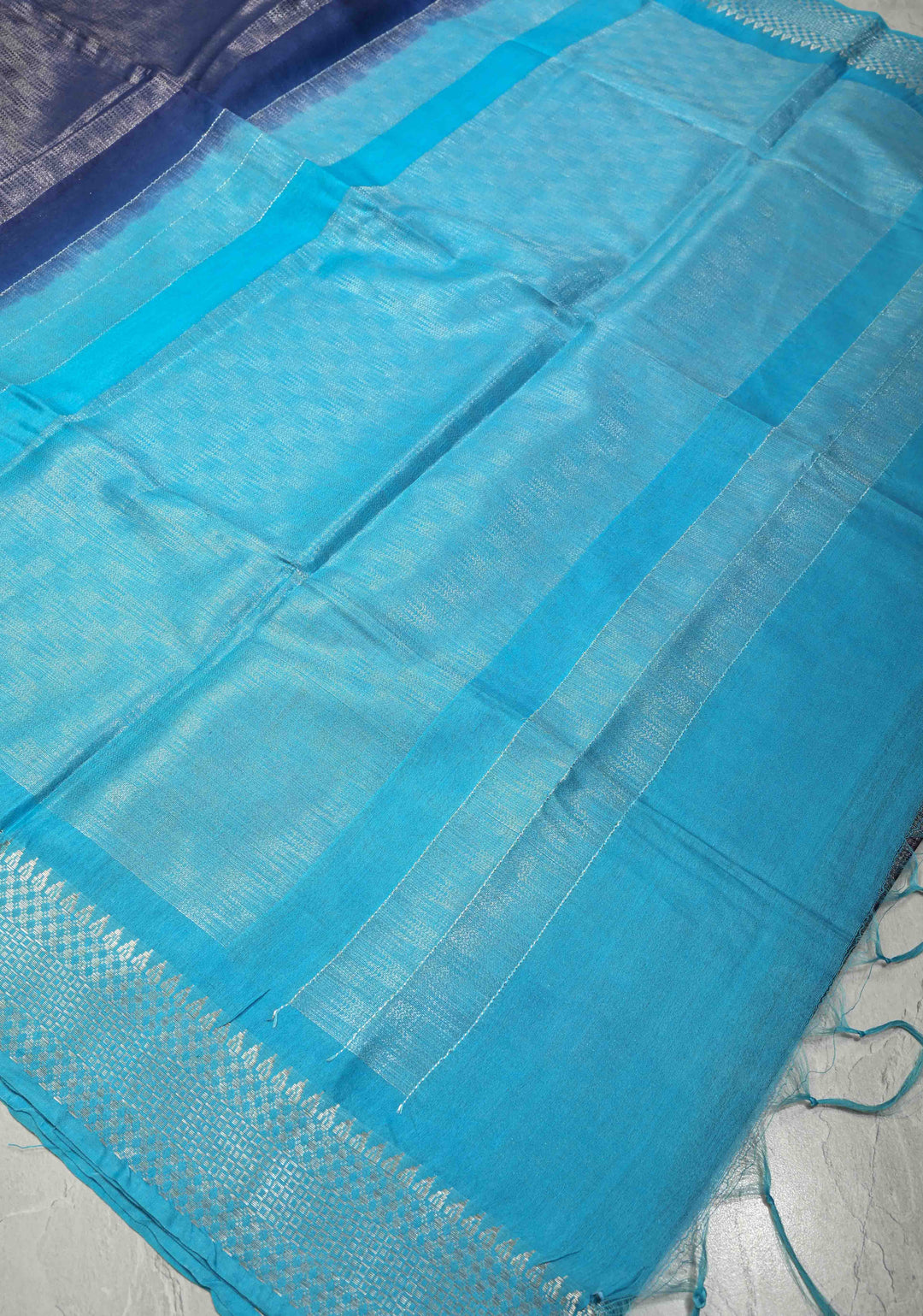 Midnight Navy Blue Semi Tussar Tissue Saree with Contrast Silver Zari Border