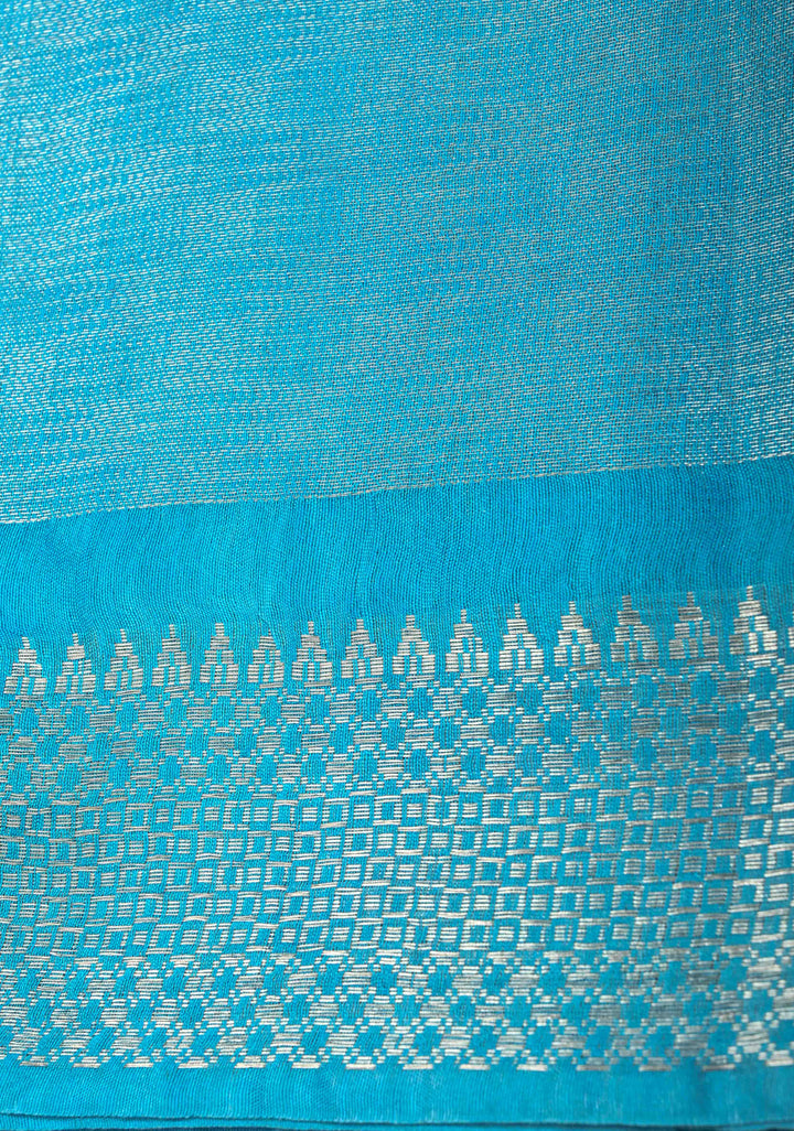 Midnight Navy Blue Semi Tussar Tissue Saree with Contrast Silver Zari Border