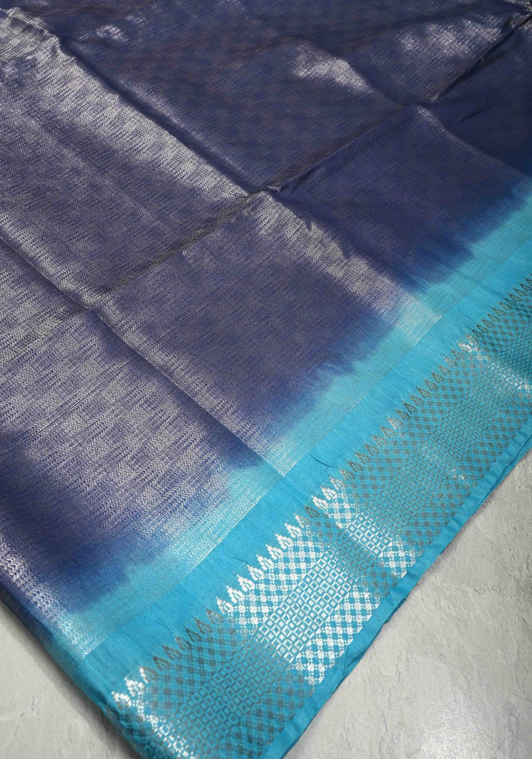 Midnight Navy Blue Semi Tussar Tissue Saree with Contrast Silver Zari Border