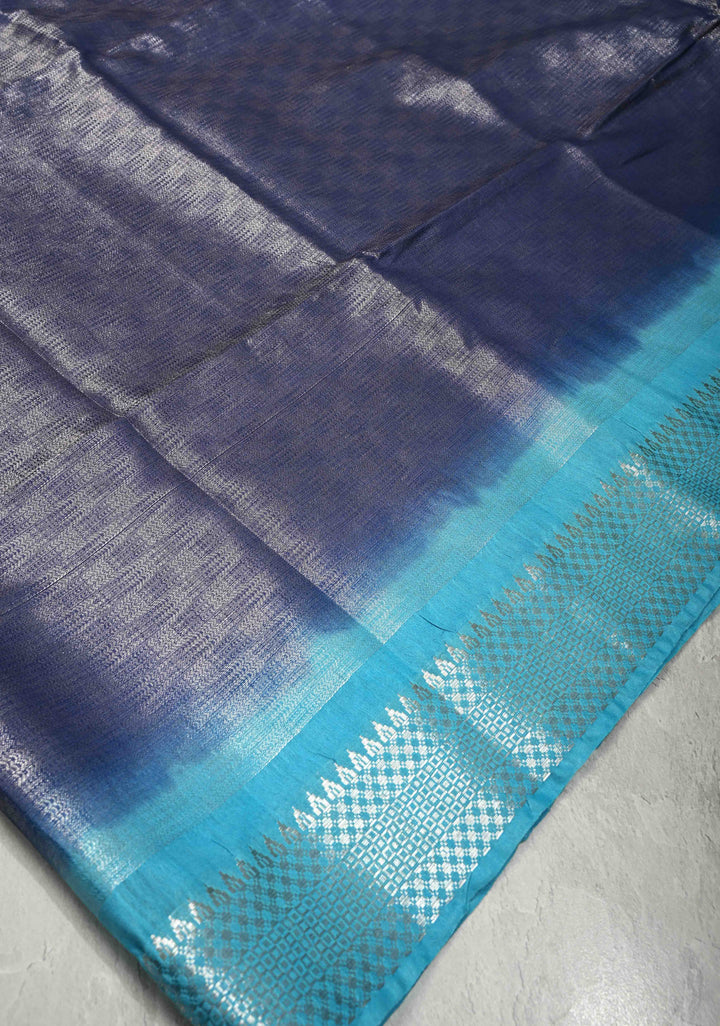 Midnight Navy Blue Semi Tussar Tissue Saree with Contrast Silver Zari Border