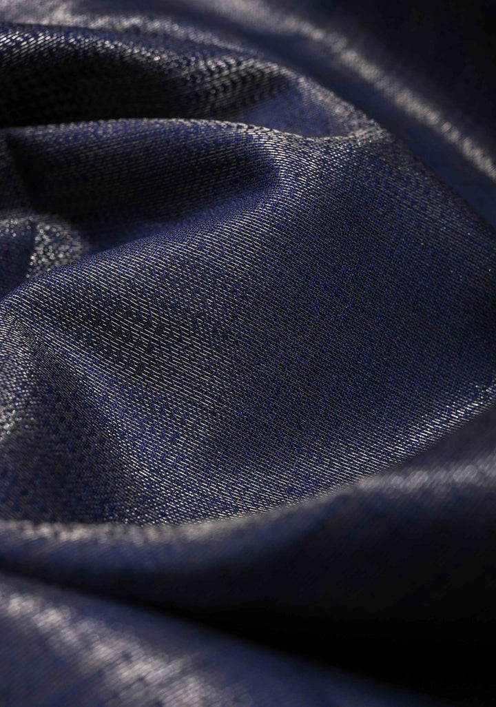 Midnight Navy Blue Semi Tussar Tissue Saree with Contrast Silver Zari Border