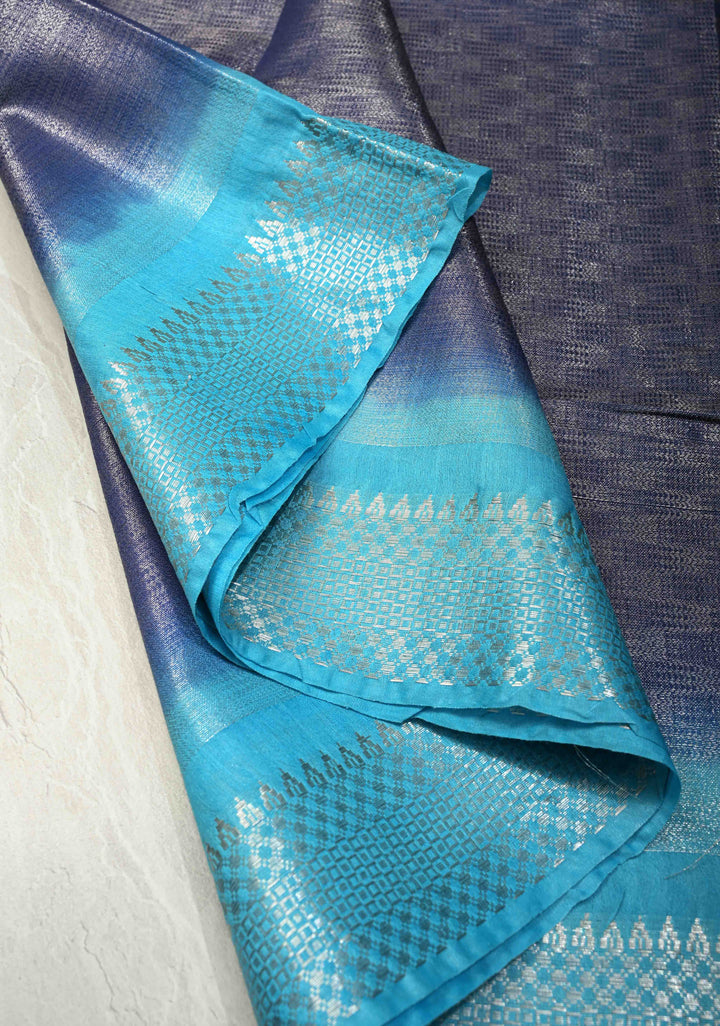 Midnight Navy Blue Semi Tussar Tissue Saree with Contrast Silver Zari Border