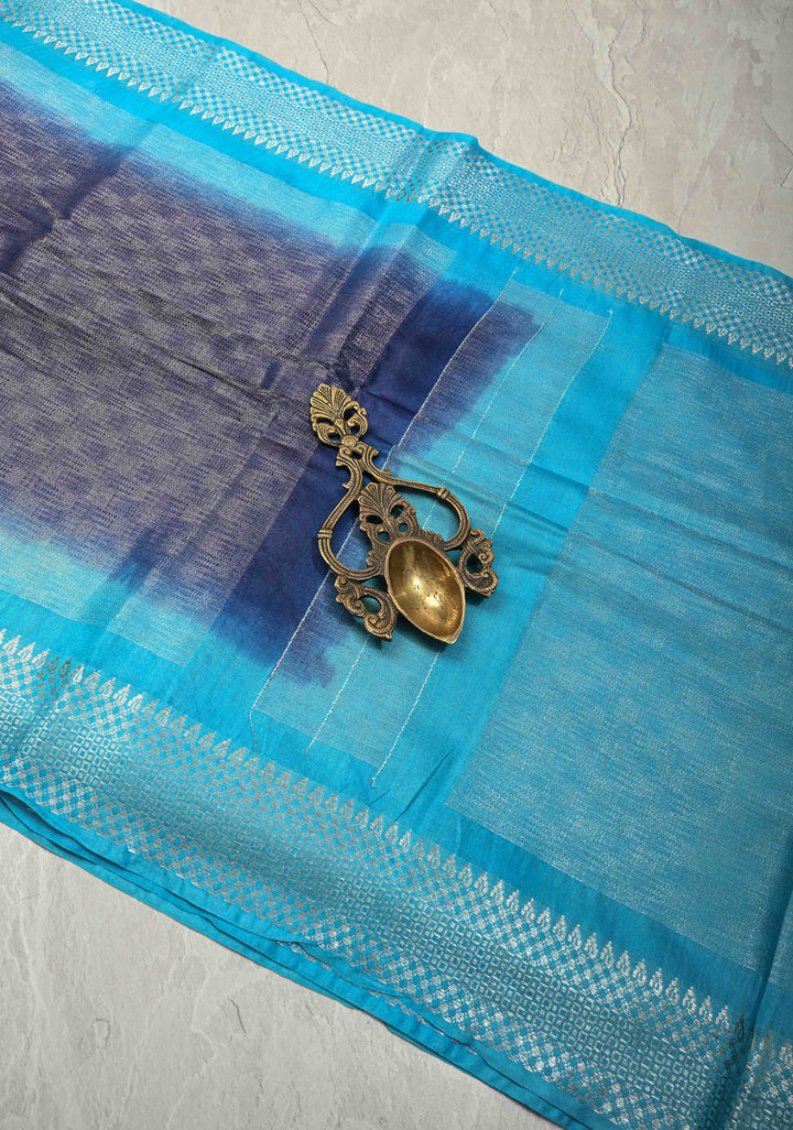 Midnight Navy Blue Semi Tussar Tissue Saree with Contrast Silver Zari Border