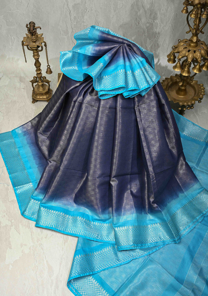 Midnight Navy Blue Semi Tussar Tissue Saree with Contrast Silver Zari Border