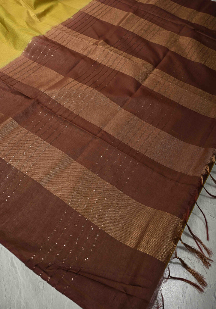 Moss Green Borderless Semi Tussar Saree with Muted Tissue Panel and Contrast Sequins Pallu