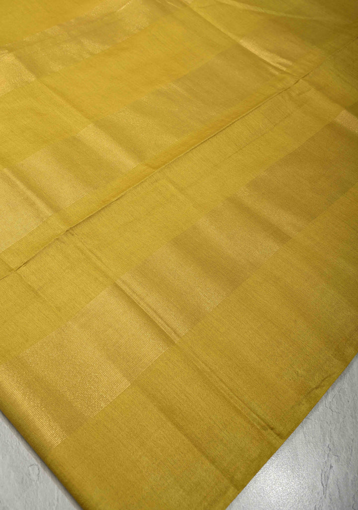 Moss Green Borderless Semi Tussar Saree with Muted Tissue Panel and Contrast Sequins Pallu