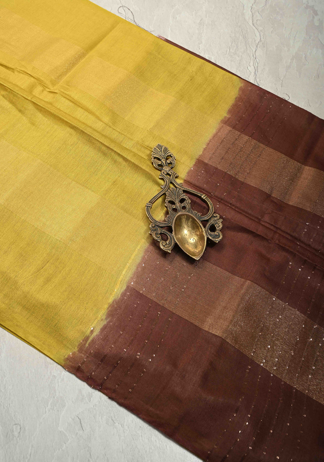 Moss Green Borderless Semi Tussar Saree with Muted Tissue Panel and Contrast Sequins Pallu