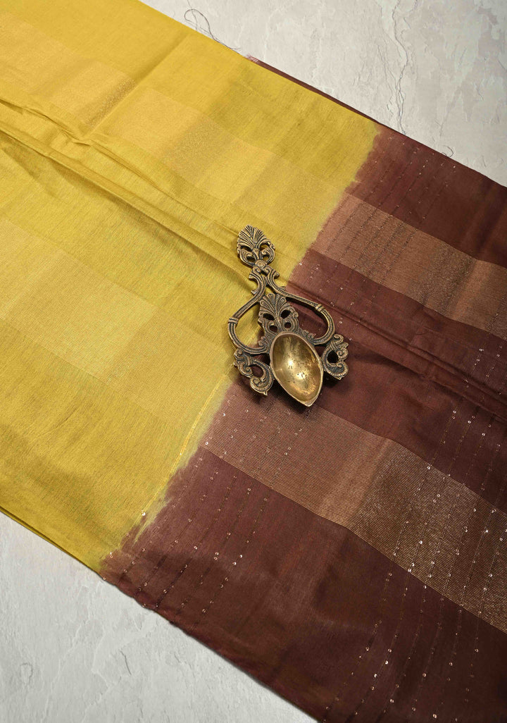 Moss Green Borderless Semi Tussar Saree with Muted Tissue Panel and Contrast Sequins Pallu