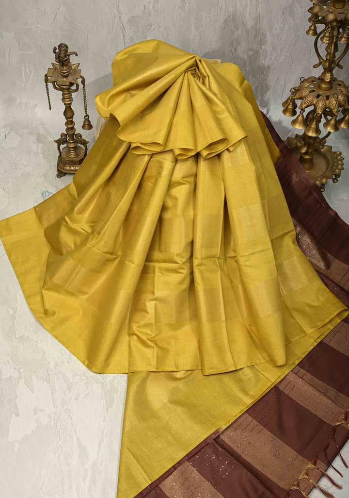 Moss Green Borderless Semi Tussar Saree with Muted Tissue Panel and Contrast Sequins Pallu