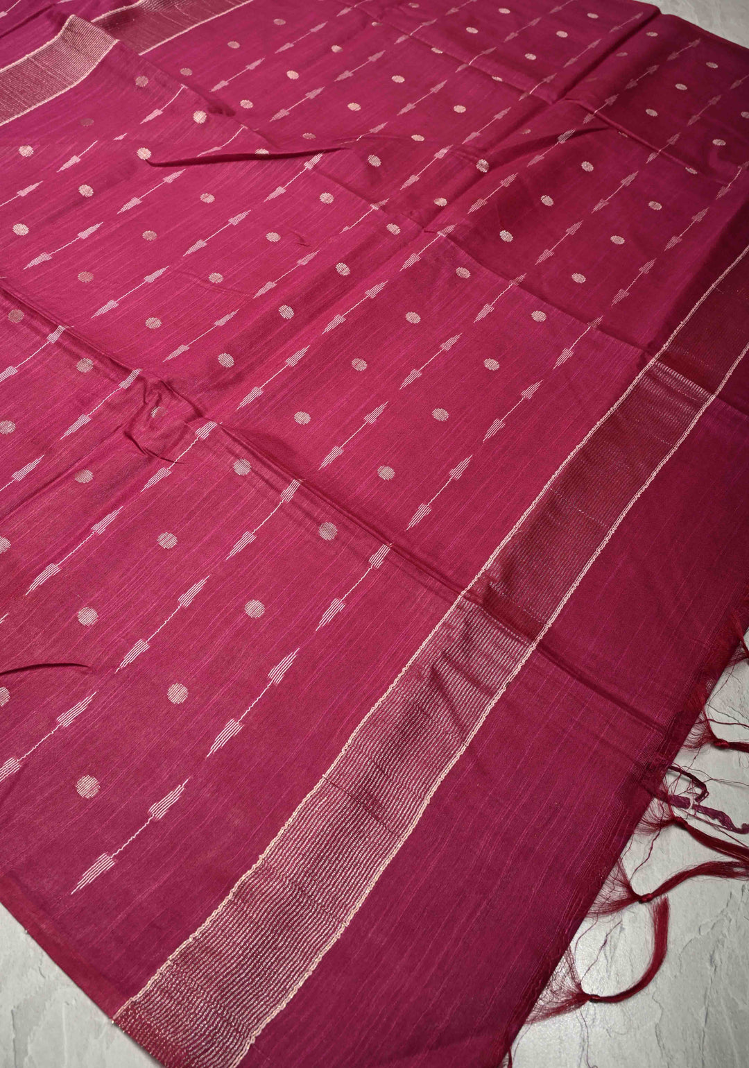 Magenta Borderless Semi Tussar Saree with Zari Polka Dots and Thread Stripes