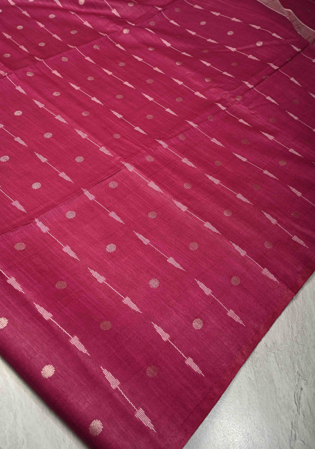Magenta Borderless Semi Tussar Saree with Zari Polka Dots and Thread Stripes