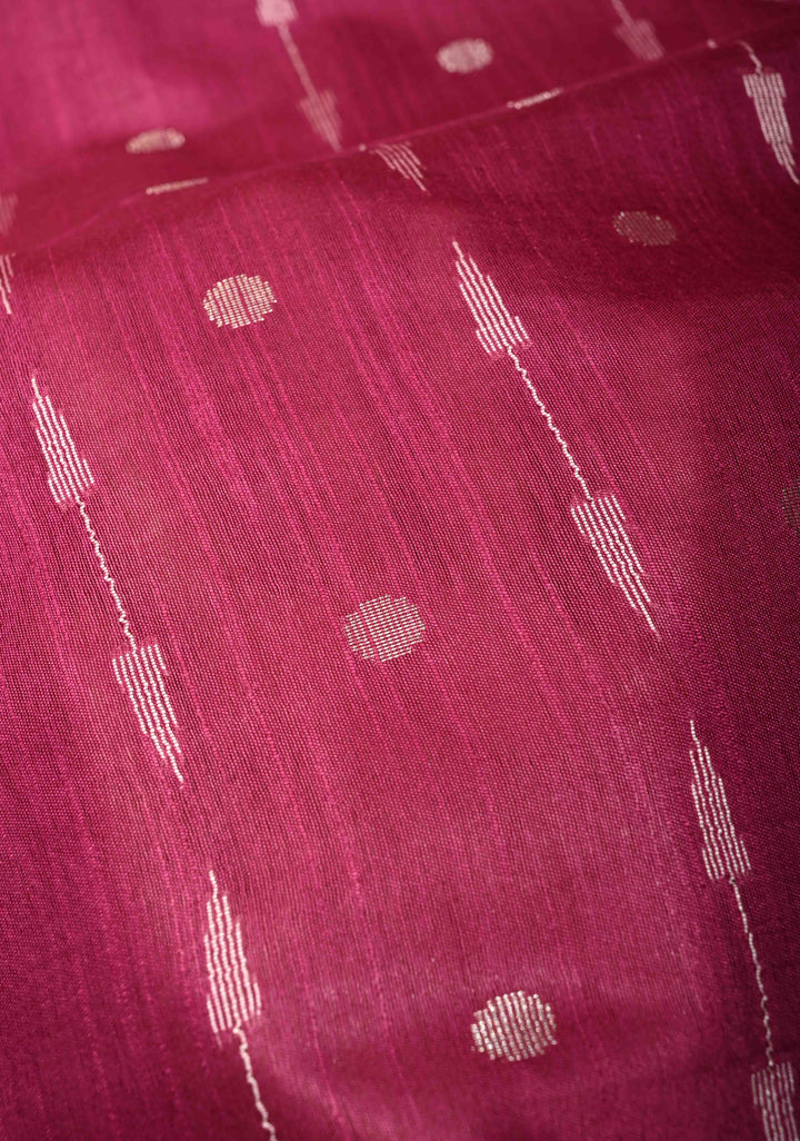 Magenta Borderless Semi Tussar Saree with Zari Polka Dots and Thread Stripes