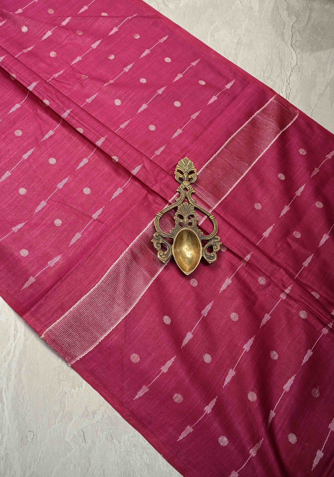 Magenta Borderless Semi Tussar Saree with Zari Polka Dots and Thread Stripes