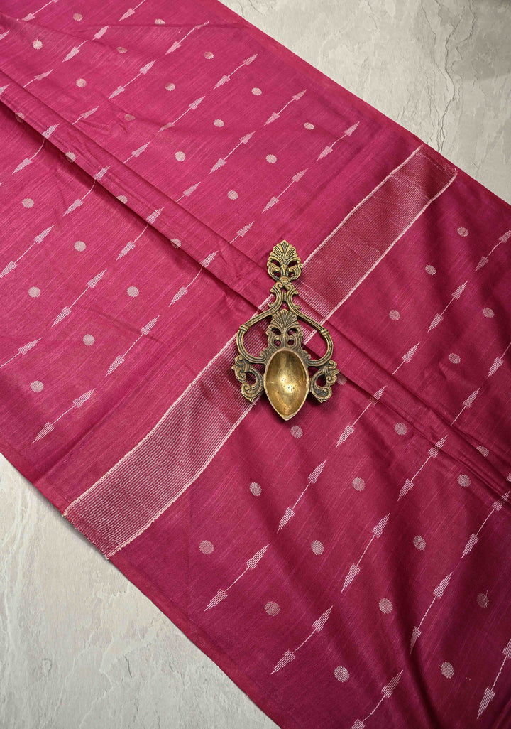 Magenta Borderless Semi Tussar Saree with Zari Polka Dots and Thread Stripes