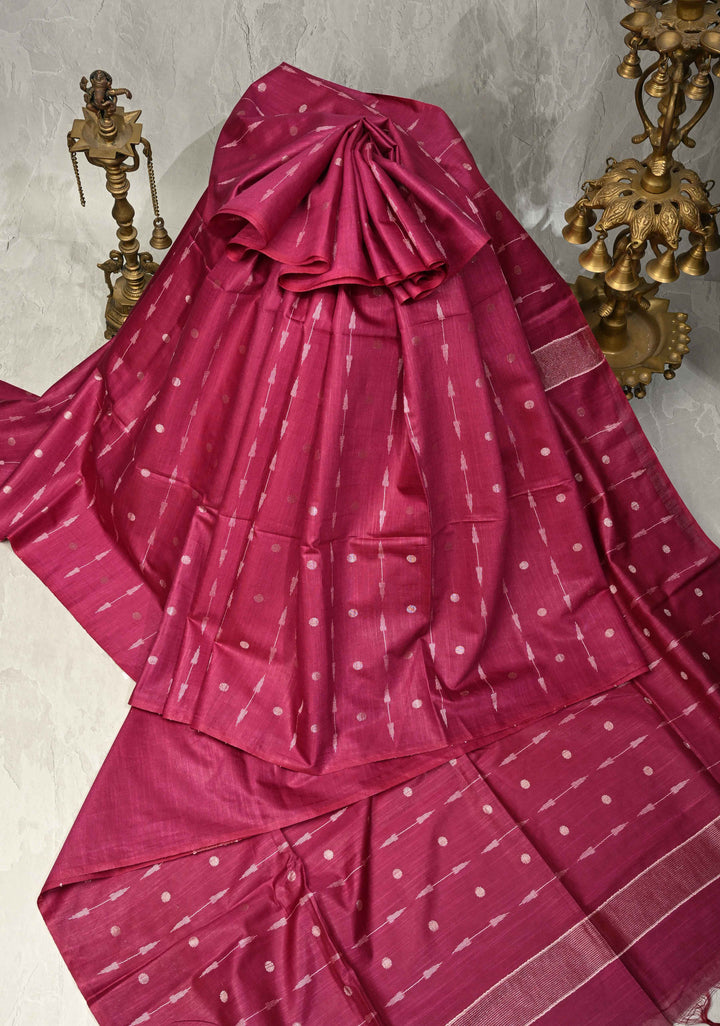 Magenta Borderless Semi Tussar Saree with Zari Polka Dots and Thread Stripes