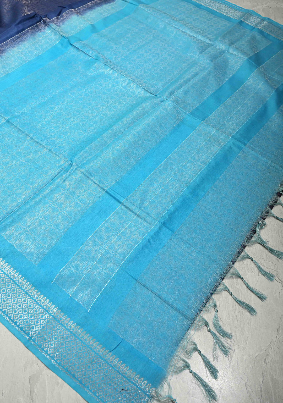 Navy Blue Semi Tussar Tissue Saree with Contrast Silver Zari Border | SHOBITAM