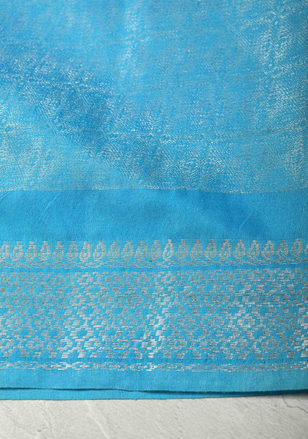 Navy Blue Semi Tussar Tissue Saree with Contrast Silver Zari Border | SHOBITAM