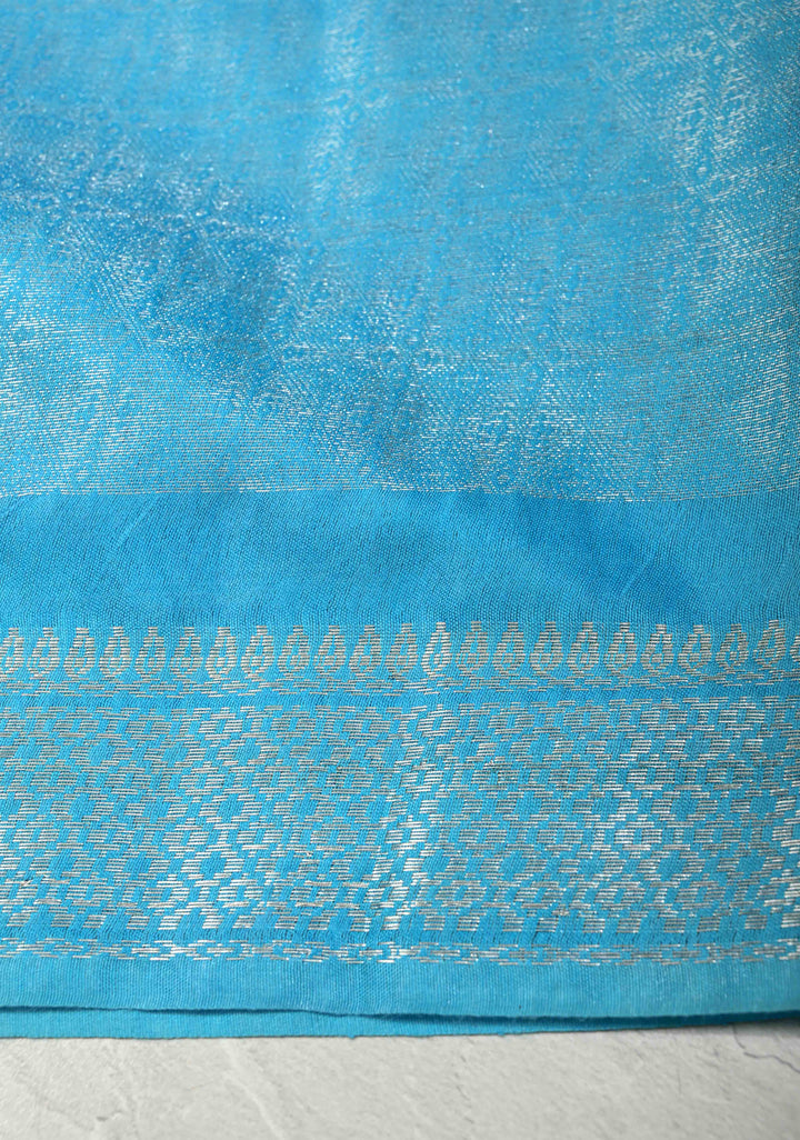 Navy Blue Semi Tussar Tissue Saree with Contrast Silver Zari Border | SHOBITAM