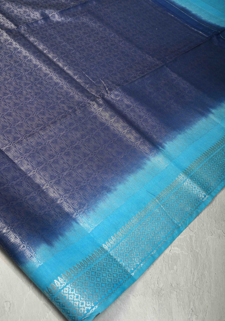 Navy Blue Semi Tussar Tissue Saree with Contrast Silver Zari Border | SHOBITAM